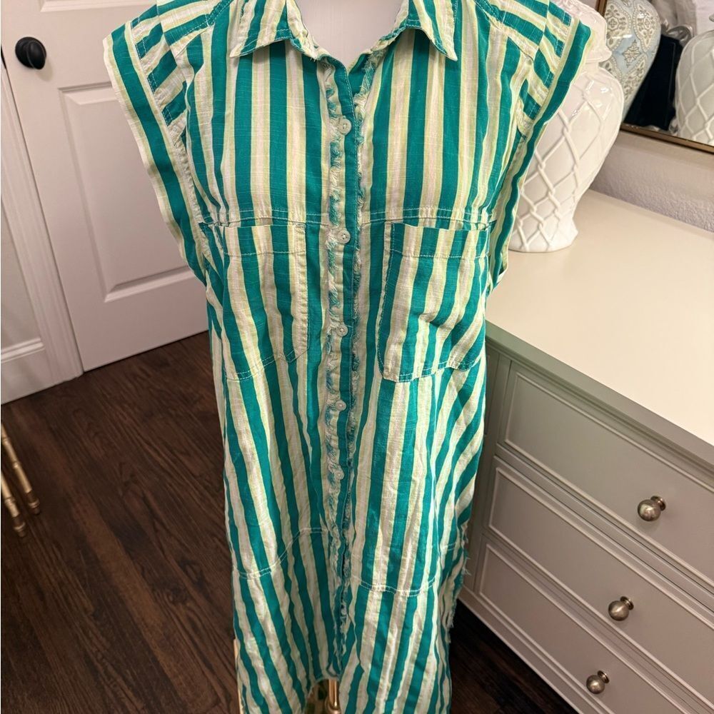 Free People Green and White Striped Midi Shirt Dress - Picture 4 of 7